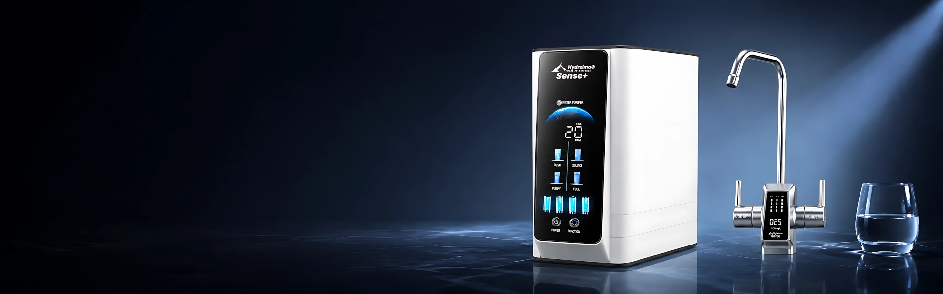 Osmoseur Hydralma Sense+ avec robinet digital et affichage TDS dans un décor premium technologique au Maroc